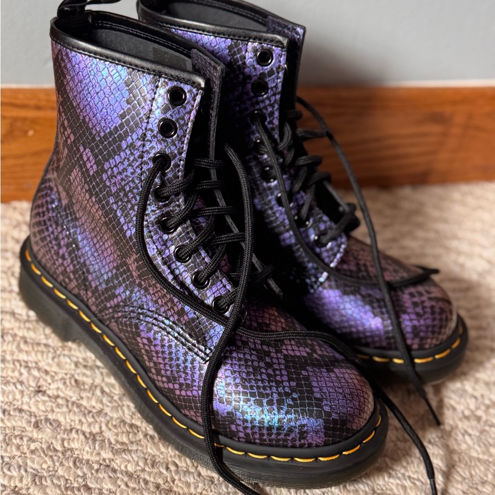 Dr. Martens Purple Snake Print Combat Boots